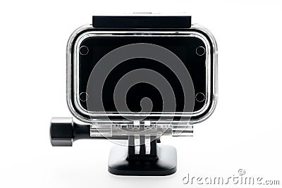 Extreme action camera at waterproof aqua-box isolated on a white background. Camera for footage 4k movies, sports and domestic lif Stock Photo