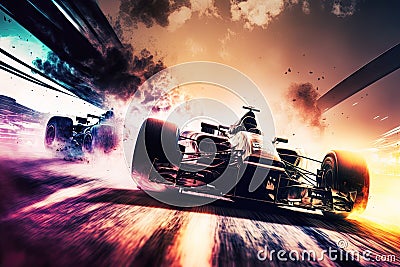 extreme auto racing on race track at speed double exposure Stock Photo