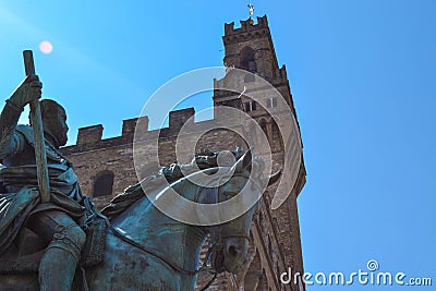 Extreme close up of the Equestrian Monument of Cosimo I with Pal Stock Photo