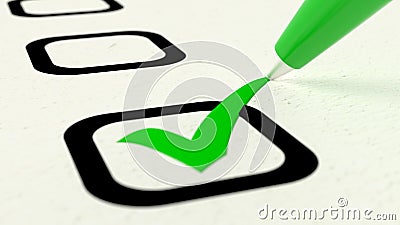 Extreme close up of green pen checking a checkbox Cartoon Illustration