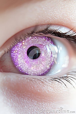 An extreme close-up of a mystifying eye, displaying elaborate swirling patterns in the iris, illuminated by subtle neon Stock Photo