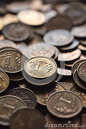 Extreme close up picture of polish one grosz coins Stock Photo