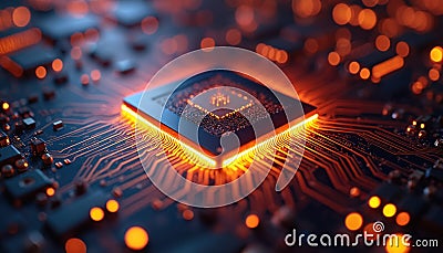Extreme close-up of quantum processor chip with glowing orange superconducting qubits, complex quantum computing architecture. Stock Photo