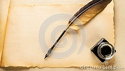 Closeup of a Quill Pen and Ink Well on a Blank Parchment Paper - Generative Ai Stock Photo