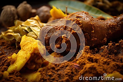 Extreme close-up of Rendang spices, including turmeric, galangal, and lemongrass, used to make the rich and aromatic curry dish Stock Photo