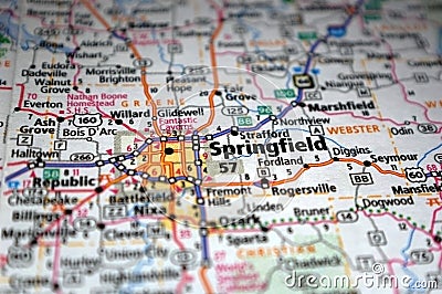 Extreme close-up of Springfield, Missouri in a map Stock Photo
