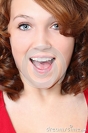 Extreme Close Up Surprised Young Woman Stock Photo