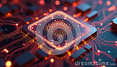 Extreme close-up tech chip with glowing qubits. Quantum computing processor shows complex architecture. Futuristic tech design. Stock Photo