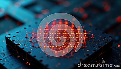 Extreme close-up view of graphene-based biosensor. Red glowing lines show biomolecule detection. High tech, futuristic style. Stock Photo