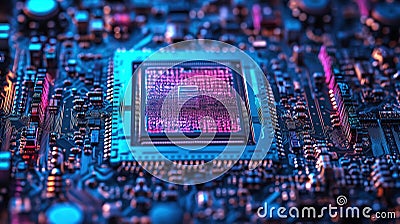 Extreme close-up view of quantum processor chip. Superconducting qubits, quantum computing architecture visible. Complex tech Stock Photo