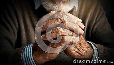 Wrinkled Hands with Fingers Crossed of an Old Man in Prayer - Generative Ai Stock Photo