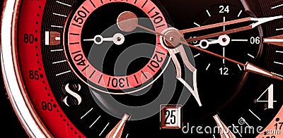 Extreme close up of wrist watch face/ Mechanical background with black red and pink Stock Photo