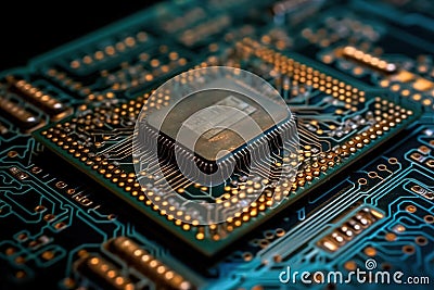 extreme closeup computer microchip created by generative AI Stock Photo