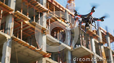 Extreme closeup of a drones propellers as it hovers next to a partially constructed building. The sy drone is capable of Stock Photo