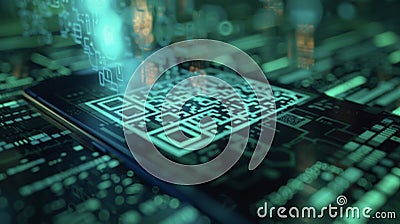 An extreme closeup of a QR code displayed on a smartphone screen representing the secure data transfer capabilities of Stock Photo