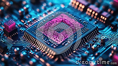 Extreme closeup view of quantum processor chip. Superconducting qubits, quantum computing architecture clearly visible. Modern Stock Photo