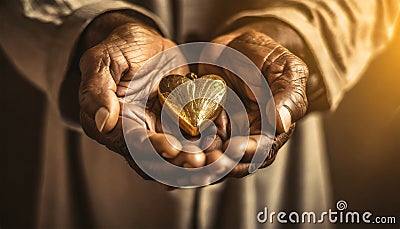 Wrinkled Hands of an Old Man Holding a Small Wooden Heart - Generative Ai Stock Photo