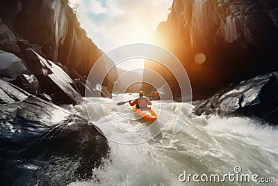 Extreme kayaking down the wild river in mountains at sunset, Generative AI Stock Photo