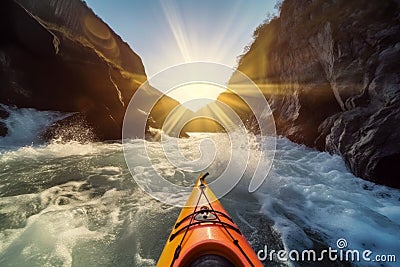 Extreme kayaking down the wild river in mountains at sunset, POV. Generative AI Stock Photo