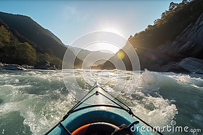 Extreme kayaking down the wild river in mountains at sunset, POV. Generative AI Stock Photo