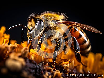 Extreme macro close-up photograph of a Bee on a flower, dark background, in the style of macro photography, generative ai Stock Photo