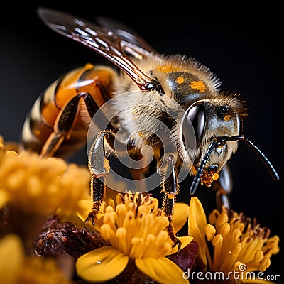 Extreme macro close-up photograph of a Bee on a flower, dark background, in the style of macro photography, generative ai Stock Photo