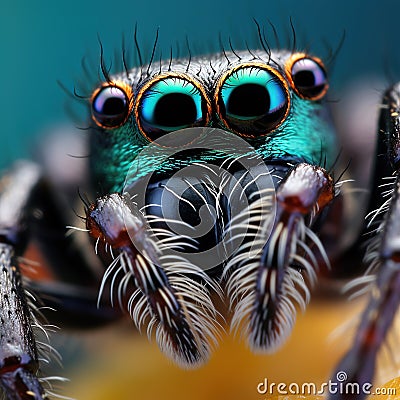 Ai Generated illustration Wildlife Concept of Extreme macro closeup of Marpissa muscosa jumping spider Cartoon Illustration