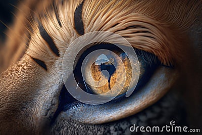 Extreme macro eye lion. Photorealistic image created by artificial intelligence Stock Photo