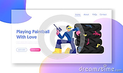 Extreme Paintball Battle Website Landing Page. Player in Protective Mask and Gun Hiding behind of Tires Embrasure Vector Illustration