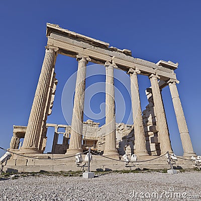 Extreme perspective of erechtheion ancient temple Stock Photo