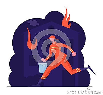 Extreme Profession Job Fireman at Fire Fighter Uniform and Helmet Carrying Bucket with Water in Hands for Watering Vector Illustration