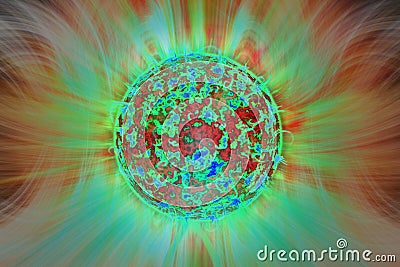 Extreme solar storm, solar flares. Sunburst rays of sunlight. Bright luminous sun with light effect, sunshine with lens flare. Cartoon Illustration