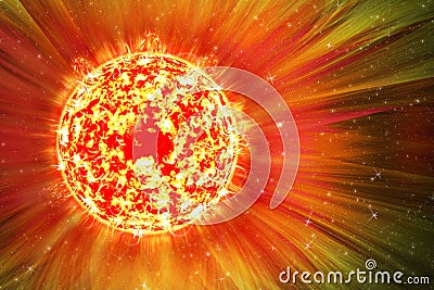 Extreme solar storm, solar flares. Sunburst rays of sunlight. Bright luminous sun with light effect, sunshine with lens flare. Cartoon Illustration