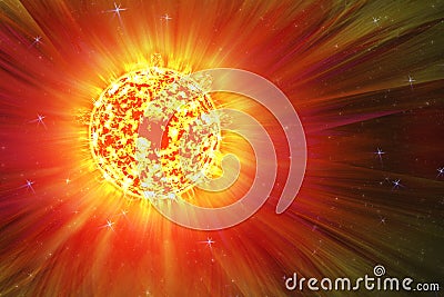 Extreme solar storm, solar flares. Sunburst rays of sunlight. Bright luminous sun with light effect, sunshine with lens flare. Cartoon Illustration