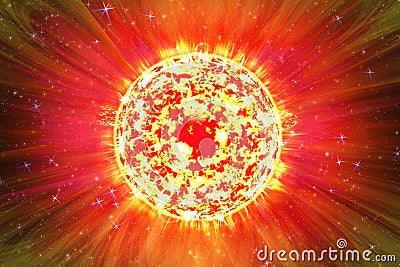 Extreme solar storm, solar flares. Sunburst rays of sunlight. Bright luminous sun with light effect, sunshine with lens flare. Cartoon Illustration