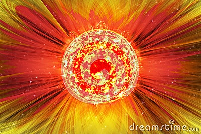 Extreme solar storm, solar flares. Sunburst rays of sunlight. Bright luminous sun with light effect, sunshine with lens flare. Cartoon Illustration