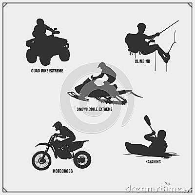 Extreme sport emblems. Quad bike, Snowmobile, Mountain climbing, Motocross jumping, Moto freestyle, Kayaking. Vector Illustration