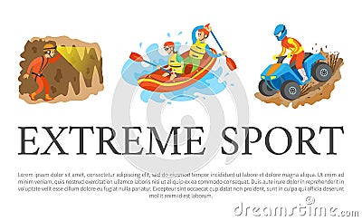 Extreme Sport Speleotourism and Rafting Water Vector Illustration