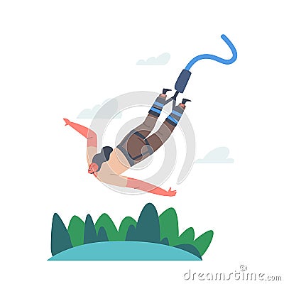 Extreme Sports Activity, Bungee Jumping Concept. Brave Female Character Jump with Rope from Great Height. Fun Recreation Vector Illustration