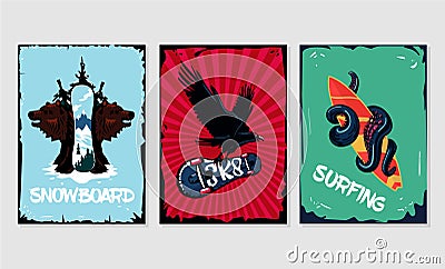 Extreme sports posters collection. Snowboard, skateboard and surfing. Grunge style. Vector Illustration