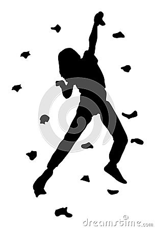 Extreme sportsman climb without rope. Girl climbing vector silhouette, rock wall for fun. Vector Illustration