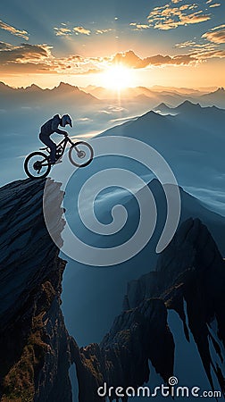 Extreme thrill silhouette of a motorbike rider executing daring mountain stunt Stock Photo