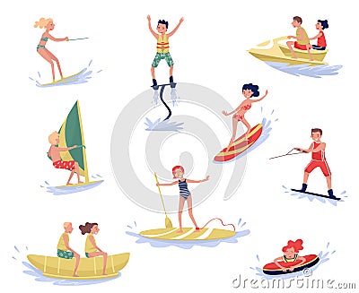 Extreme water sports set, waterski, flyboarding, windsurfing, surfing, paddleboarding, wakeboarding water sport Vector Illustration