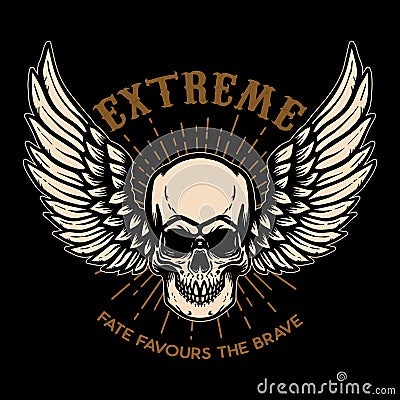 Extreme. Winged skull on black background. Design element for logo, label, emblem, sign, poster Vector Illustration