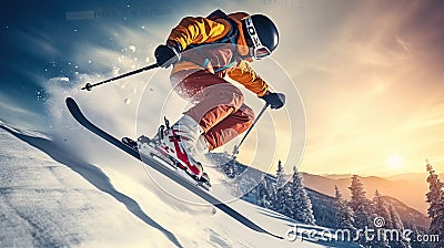 Extreme winter sports on mountain. Jumping skier skiing. Generative AI Stock Photo