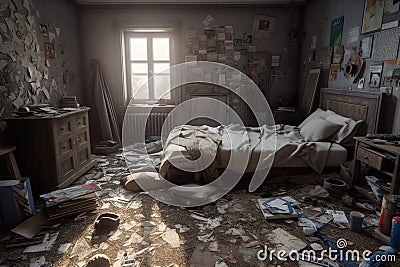 Extremely Chaotic, Untidy And Dirty Bedroom With Scattered Clothes And Cluttered Floor - Generative AI Stock Photo