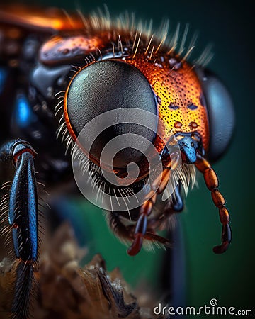 Extremely clear and detailed image of the head of an unknown insect, microscope, Stock Photo