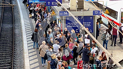 Extremely crowded Hamburg Central station - the main train station - HAMBURG, GERMANY - MAY 14, 2022 Editorial Stock Photo