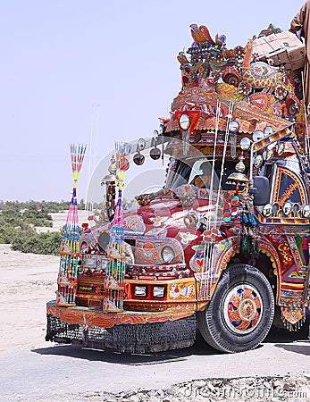 Extremely detailed and colourful truck art on a bus Stock Photo