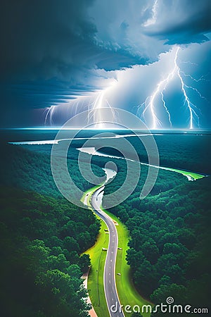 Extremely detailed Extreme closeup, unreal imagination with thunder, boca thunder background, top view, AI Generative Stock Photo
